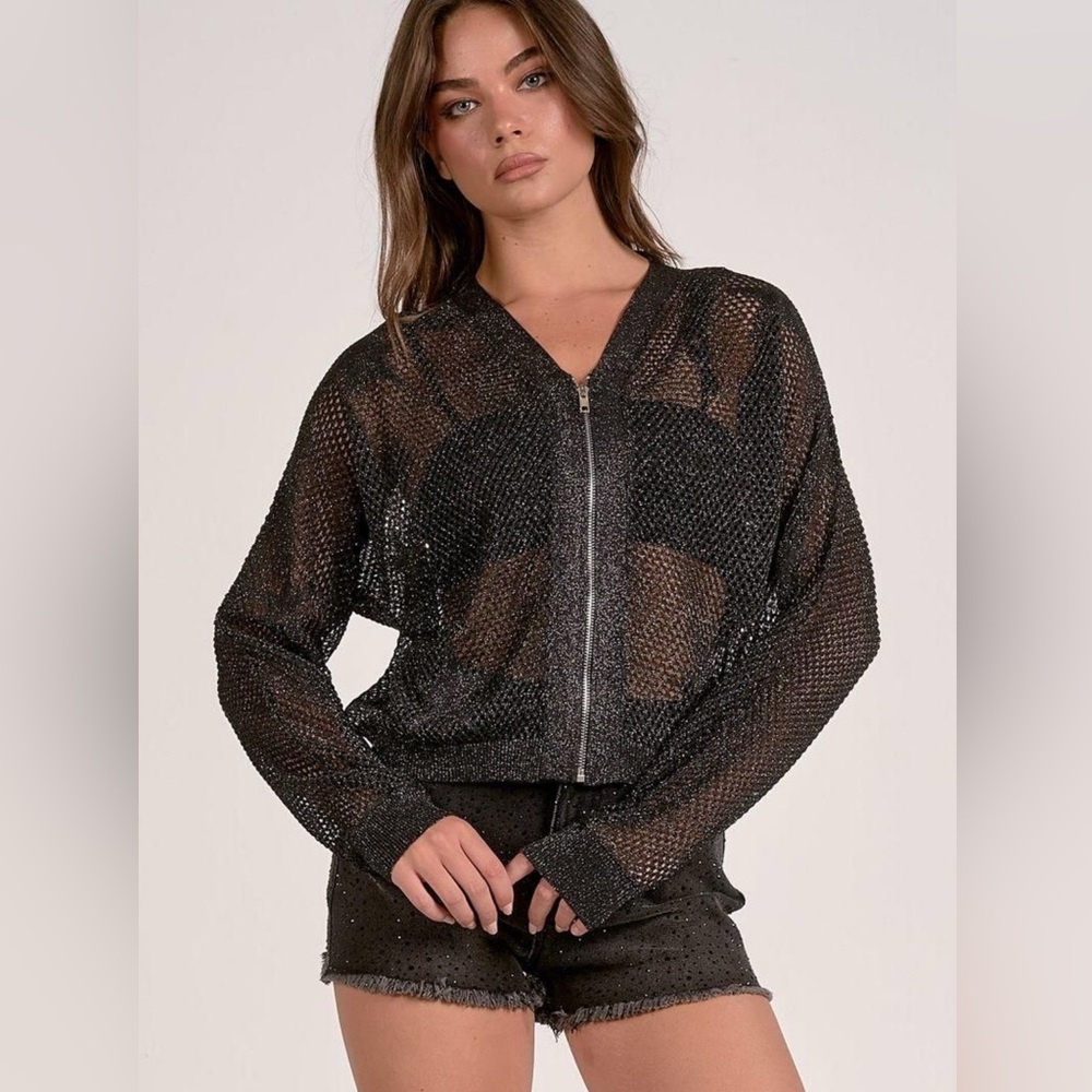 ⭐️NWT ELAN SIZE MEDIUM shear mesh sparkle zip up with ⭐️ embellishment!